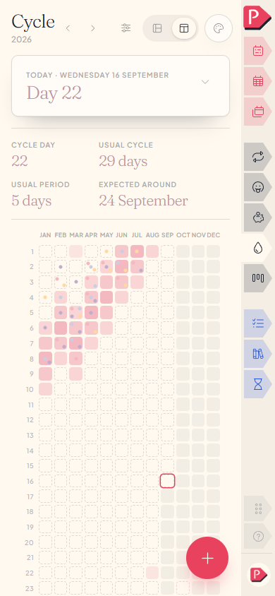 The cycle year on a phone: a grid of days shaded at different weights of one colour