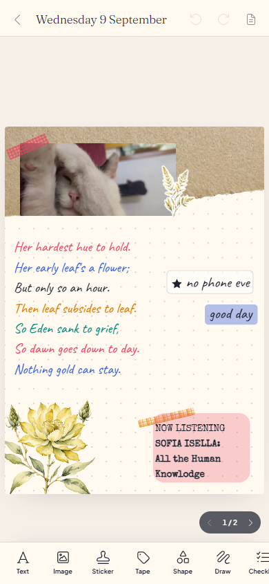 A journal page with photos, tape and a block of writing arranged on it, on a phone