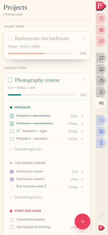 A project card open, showing its stages