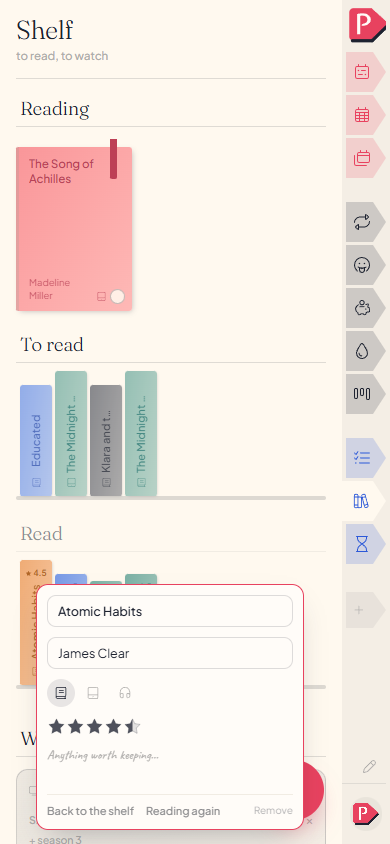 A book's card open, with the runs it can move to as words