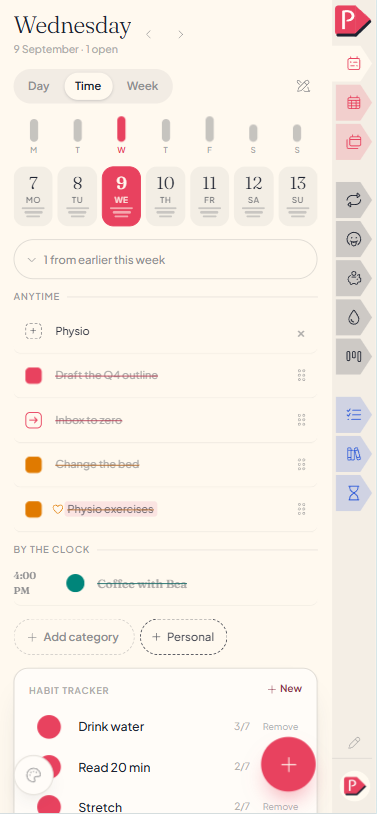 Time view on a phone: an Anytime list above, a By the clock list below ordered by hour